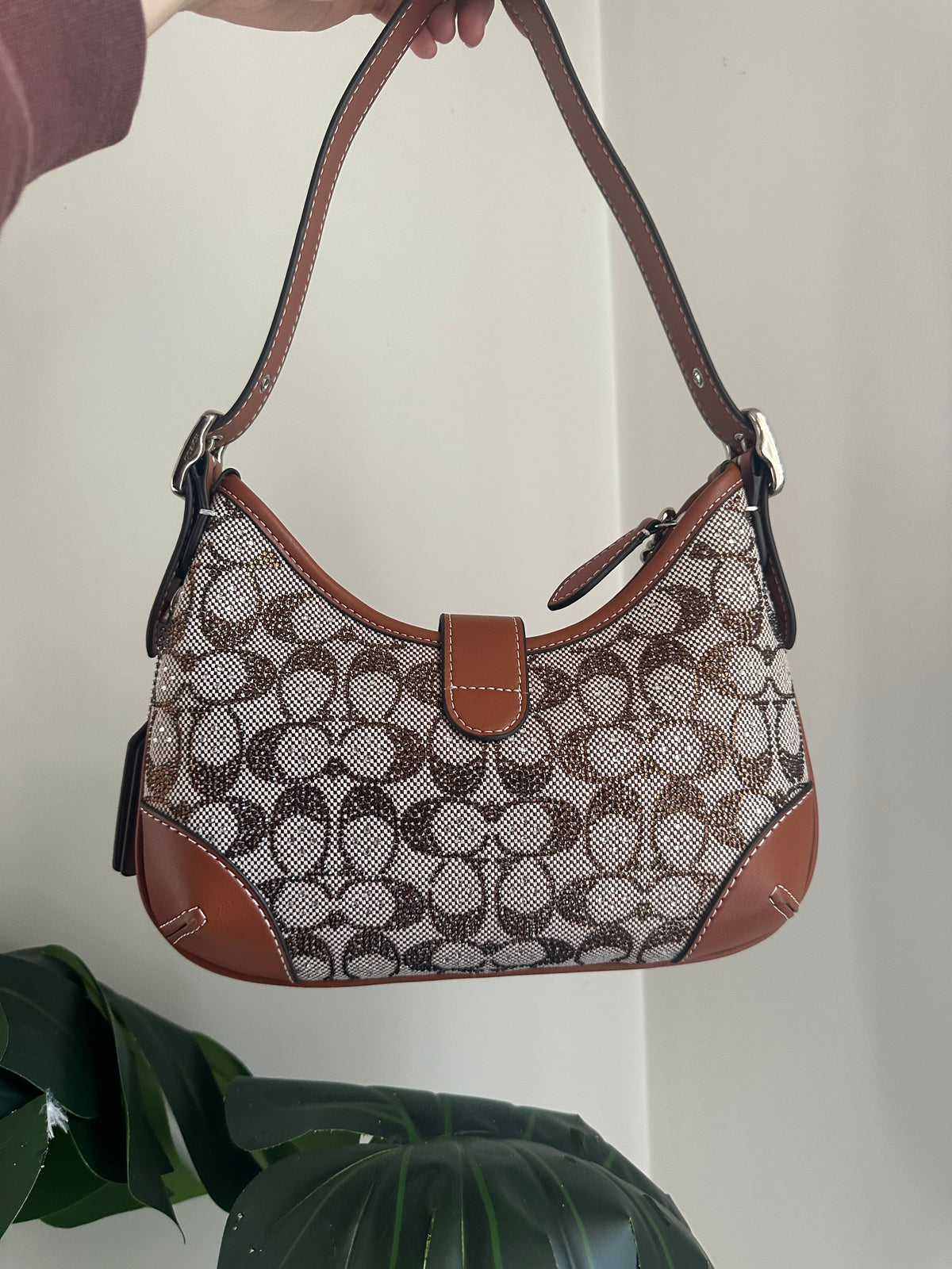 Hampton Hobo Signature Rhinestone jacquard canvas in a beige/tan