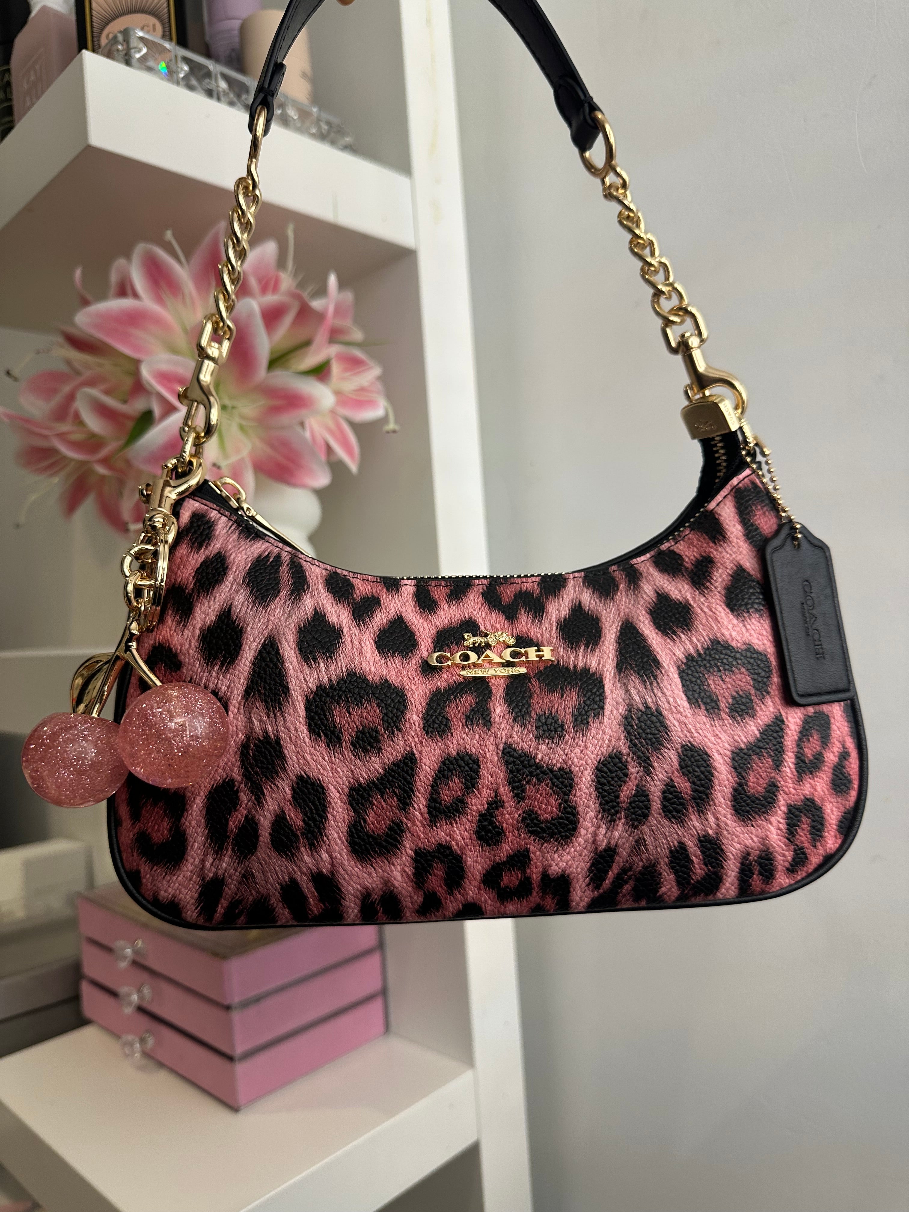 Teri Leopard Pink Black Shoulder Handbag
