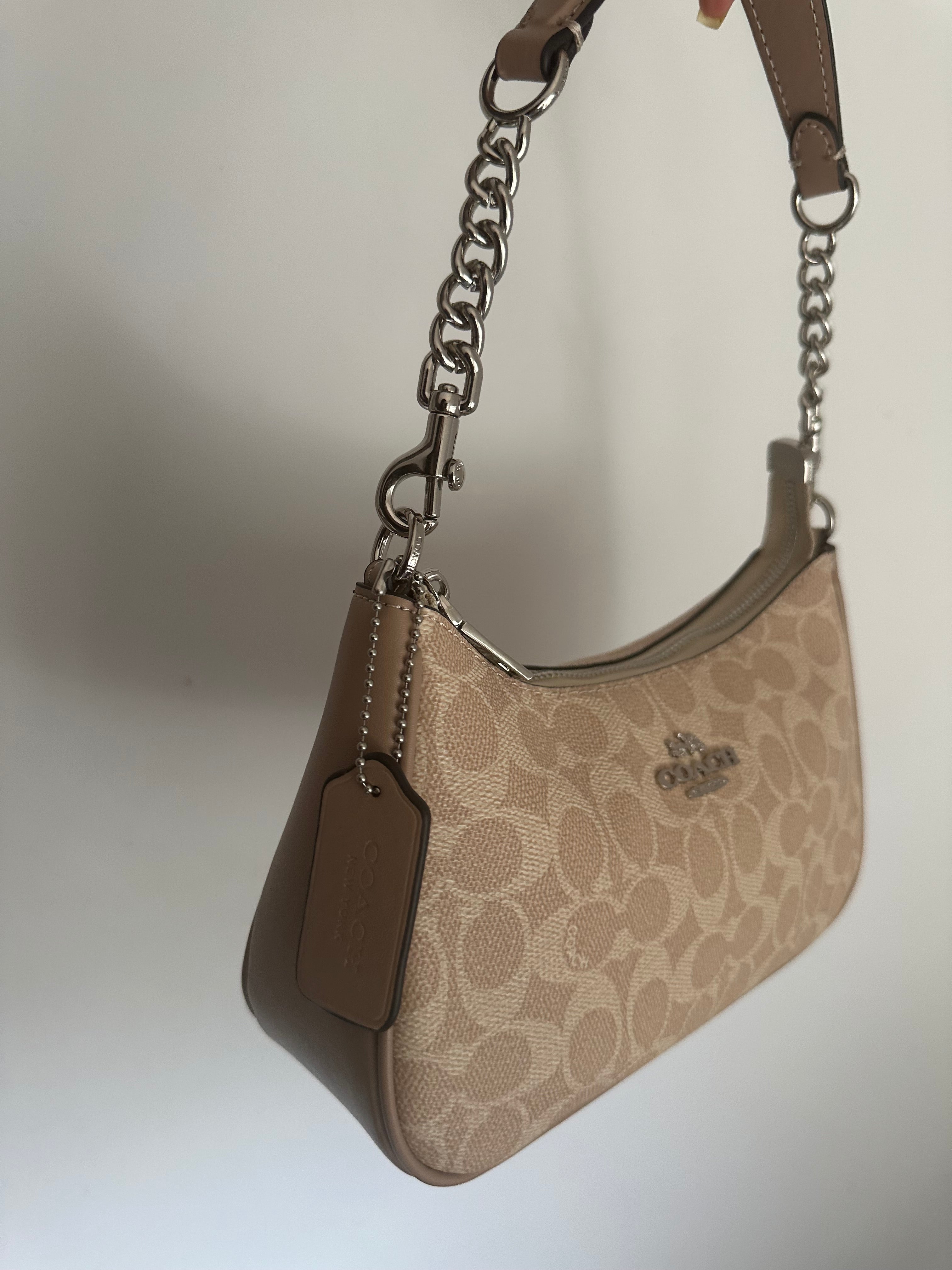 Silver brown Beige Teri Coach Shoulder Handbag