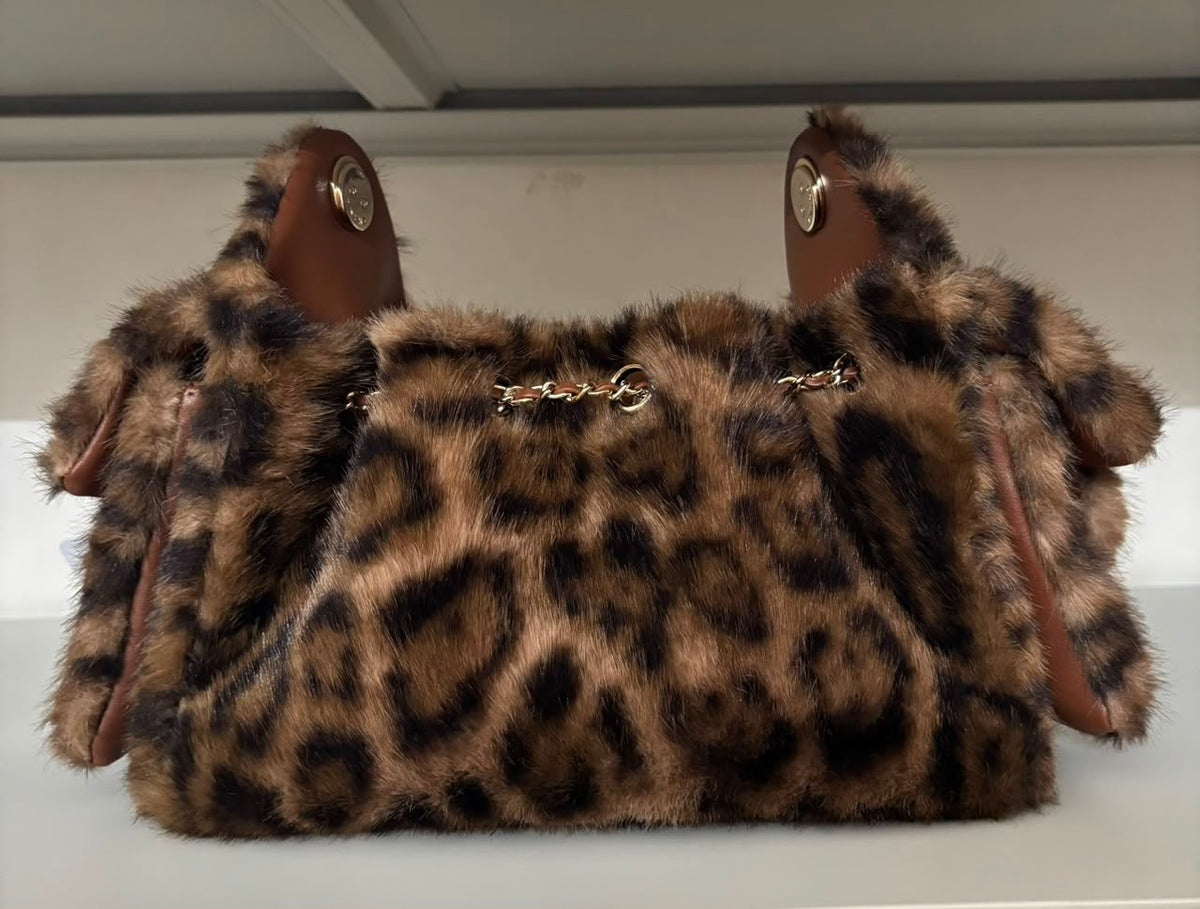 Leopard Faux Fur Chain Shoulder Bag Brown
