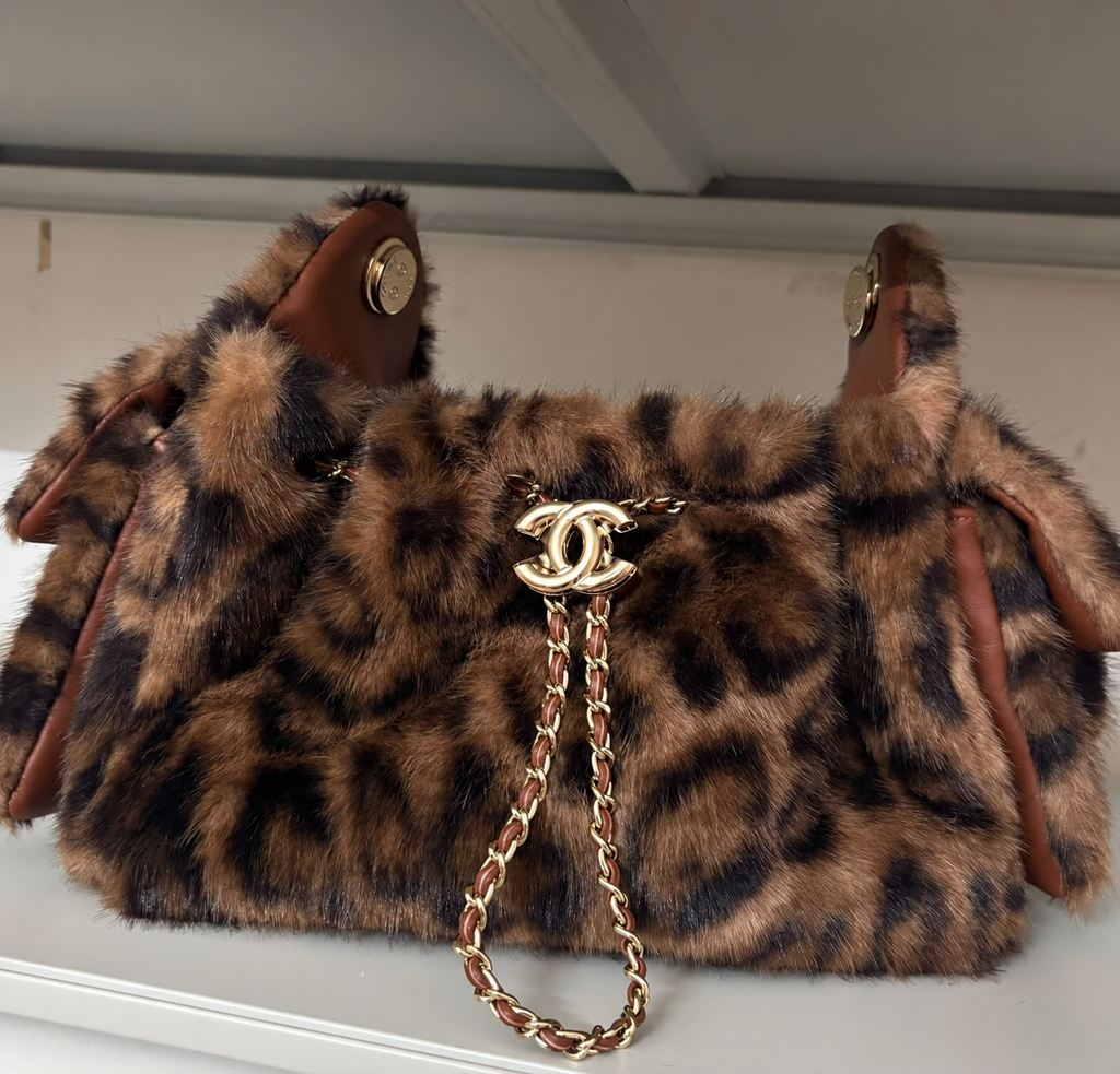 Leopard Faux Fur Chain Shoulder Bag Brown